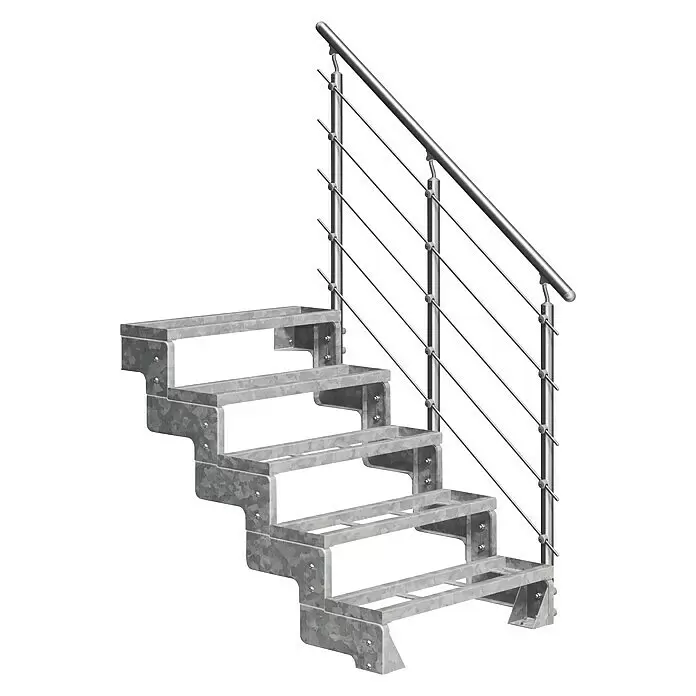 Dolle Außentreppe Gardentop - Einlegestufen, Mitlaufende Edelstahlstäbe, Breite: 100 cm, Anzahl Stufen: 5 Stk., Geschosshöhe: 90 cm - 110 cm - Verzinkte Stahltreppe für den Außenbereich mit modernem Edelstahlseilgeländer.