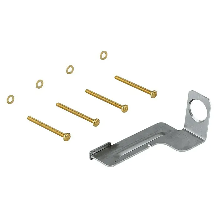 Grohe Rapid SL Halterung - Passend für: Grohe Rapid SL Vorwandelement - Das Bild zeigt eine Montagehalterung mit Schrauben und Unterlegscheiben, wahrscheinlich für die Installation eines Geräts oder einer Komponente.