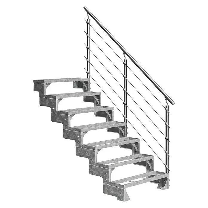 Dolle Außentreppe Gardentop - Einlegestufen, Mitlaufende Edelstahlstäbe, Breite: 100 cm, Anzahl Stufen: 7 Stk., Geschosshöhe: 126 cm - 154 cm - Verzinkte Metalltreppe mit Seilgeländer.