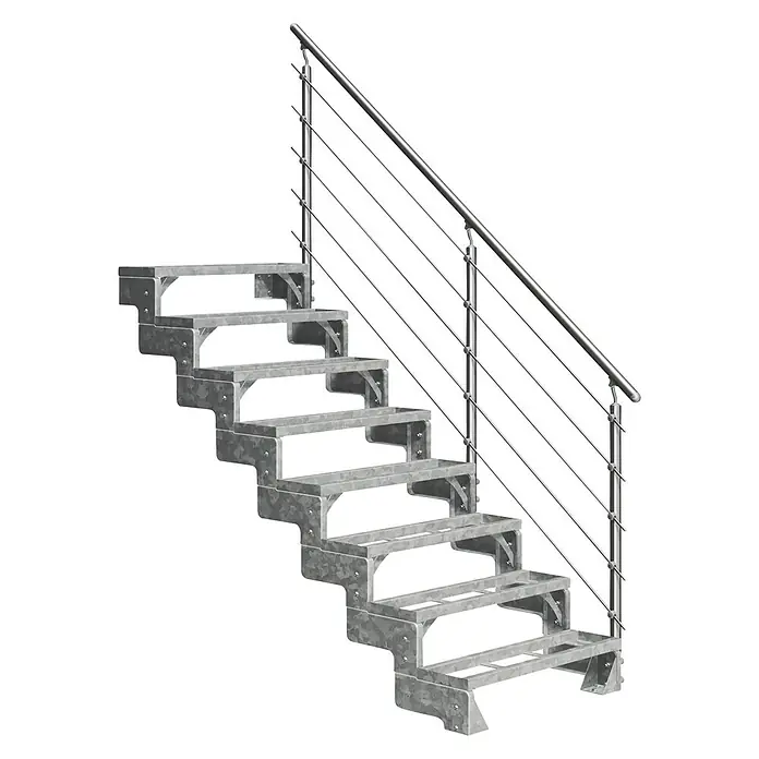 Dolle Außentreppe Gardentop - Einlegestufen, Mitlaufende Edelstahlstäbe, Breite: 100 cm, Anzahl Stufen: 8 Stk., Geschosshöhe: 144 cm - 176 cm - Bild einer silbernen Treppe mit Metallgeländer. Die Treppe ist freistehend und hat sieben Stufen, die nach oben führen.