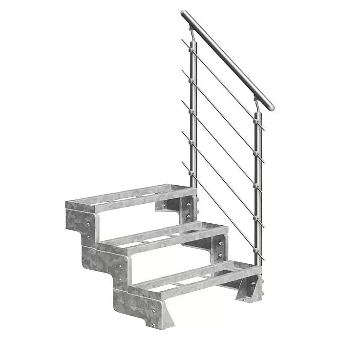 Dolle Außentreppe Gardentop - Einlegestufen, Mitlaufende Edelstahlstäbe, Breite: 80 cm, Anzahl Stufen: 3 Stk., Geschosshöhe: 54 cm - 66 cm - Modulare Treppe aus silbergrauem Metall mit modernem Seilgeländer.