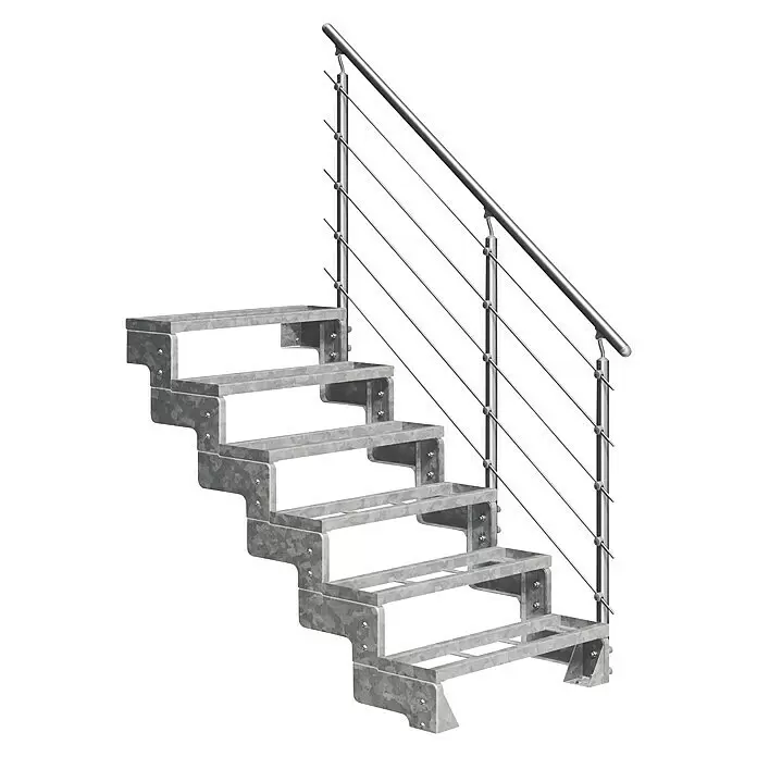 Dolle Außentreppe Gardentop - Einlegestufen, Mitlaufende Edelstahlstäbe, Breite: 100 cm, Anzahl Stufen: 6 Stk., Geschosshöhe: 108 cm - 132 cm - Verzinkte Metalltreppe mit offenen Wangen und modernem Seilgeländer.