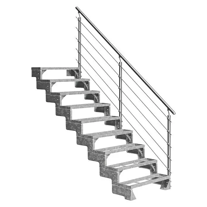 Dolle Außentreppe Gardentop - Einlegestufen, Mitlaufende Edelstahlstäbe, Breite: 100 cm, Anzahl Stufen: 9 Stk., Geschosshöhe: 162 cm - 198 cm - Außentreppe aus verzinktem Stahl mit modernem Edelstahlgeländer und Seilfüllung.