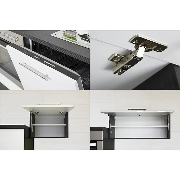 Respekta Premium Küchenzeile RP280HEWBO - Breite: 280 cm, Weiß, Mit Elektrogeräten - Eine Nahaufnahme einer Geschirrspülmaschine und Küchenschränke mit hochklappbaren Türen und Metallbeschlägen.