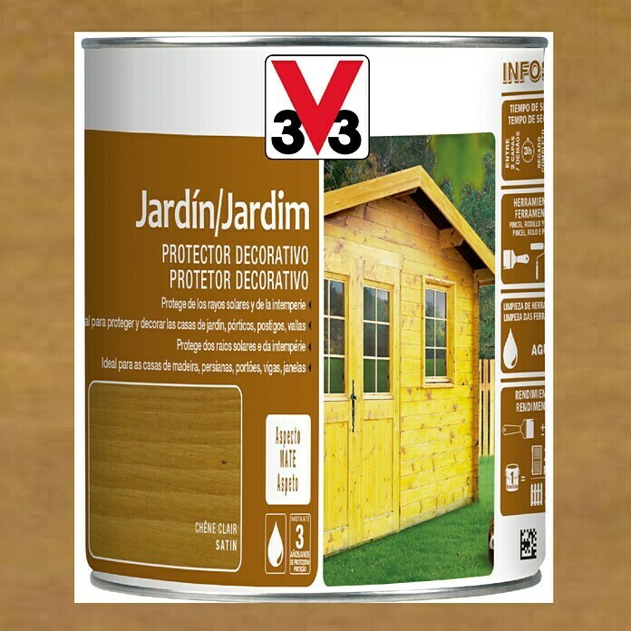 V33 Protección para madera decorativo Jardín (Roble medio, 750 ml, Mate)