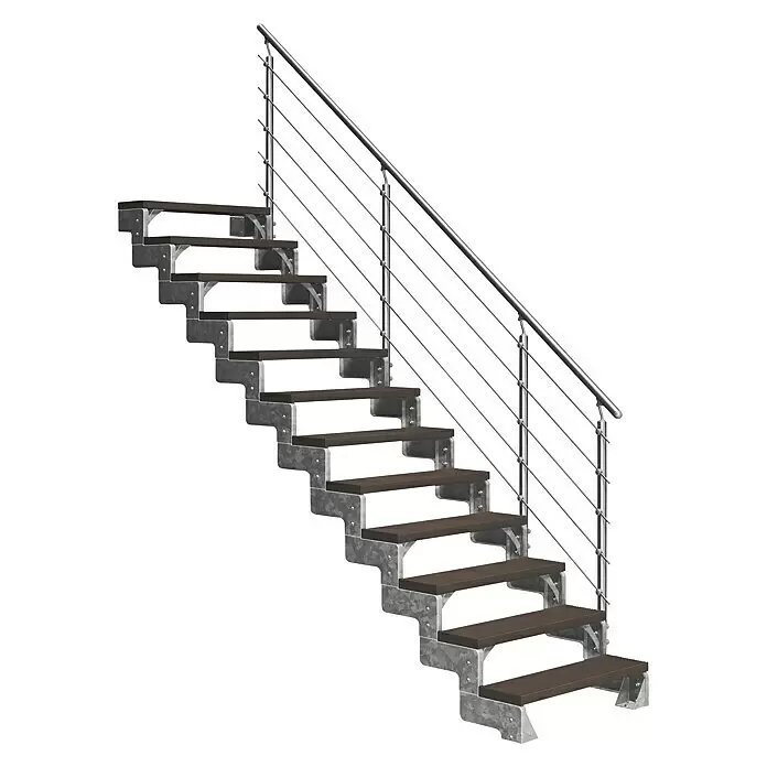 Dolle Außentreppe Gardentop - Trimaxstufen, Dunkelbraun, Mitlaufende Edelstahlstäbe, Breite: 100 cm, Anzahl Stufen: 12 Stk., Geschosshöhe: 216 cm - 264 cm - Moderne Treppe mit dunklen Holzstufen, Metallrahmen und silbernem Geländer mit horizontalen Seilen.
