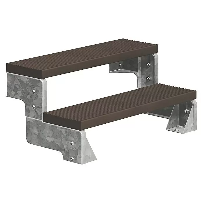 Dolle Außentreppe Gardentop - Trimaxstufen, Dunkelbraun, Ohne Geländer, Breite: 100 cm, Anzahl Stufen: 2 Stk., Geschosshöhe: 36 cm - 44 cm - Zweistufige tragbare Treppe mit braunen geriffelten Trittflächen und verzinktem Metallrahmen.