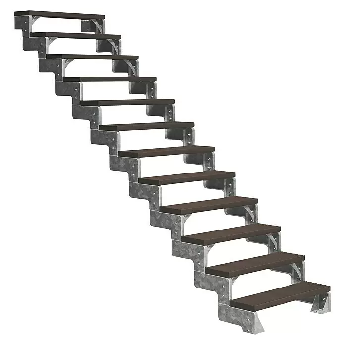 Dolle Außentreppe Gardentop - Trimaxstufen, Dunkelbraun, Ohne Geländer, Breite: 80 cm, Anzahl Stufen: 12 Stk., Geschosshöhe: 216 cm - 264 cm - Freistehende Treppe mit verzinktem Stahlrahmen und dunkelbraunen rutschfesten Stufen.