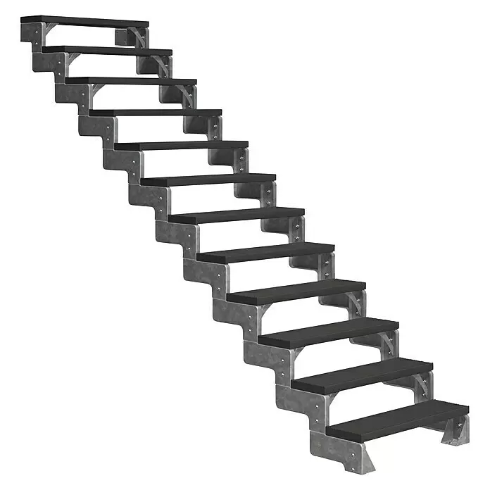 Dolle Außentreppe Gardentop - Trimaxstufen, Anthrazit, Ohne Geländer, Breite: 100 cm, Anzahl Stufen: 12 Stk., Geschosshöhe: 216 cm - 264 cm - Modulare Außentreppe mit dunklen, geriffelten Stufen und verzinkten Metallrahmen.