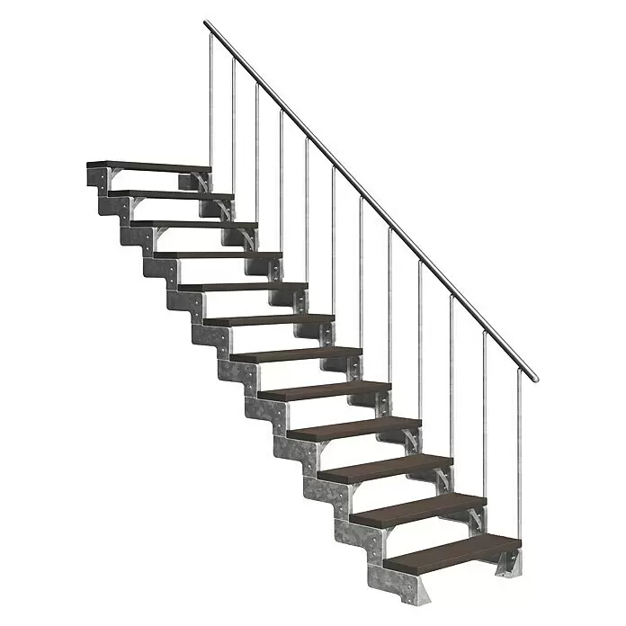 Dolle Außentreppe Gardentop - Trimaxstufen, Dunkelbraun, Feuerverzinkte Geländerstäbe, Breite: 100 cm, Anzahl Stufen: 12 Stk., Geschosshöhe: 216 cm - 264 cm - Modulare Außentreppe mit dunkelbraunen Stufen und silbernem Metallgestell und Geländer.