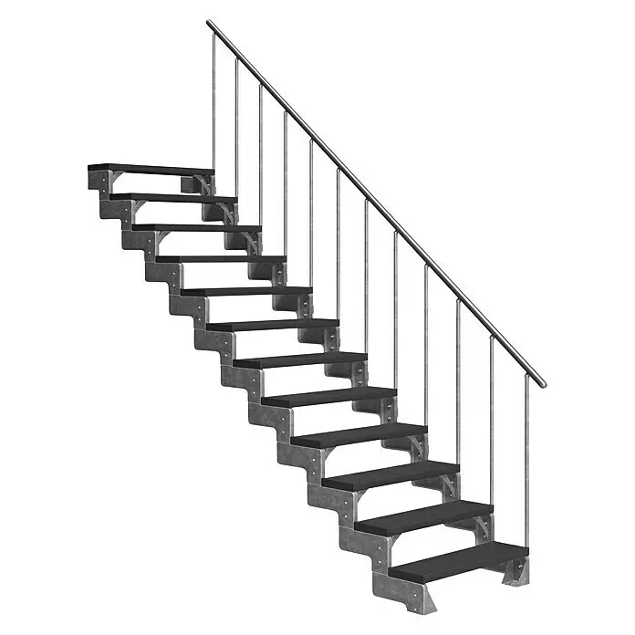 Dolle Außentreppe Gardentop - Trimaxstufen, Anthrazit, Feuerverzinkte Geländerstäbe, Breite: 80 cm, Anzahl Stufen: 12 Stk., Geschosshöhe: 216 cm - 264 cm - Modulare gerade Treppe mit grauen Metallwangen, schwarzen Stufen und einem Metallgeländer mit Balustern.