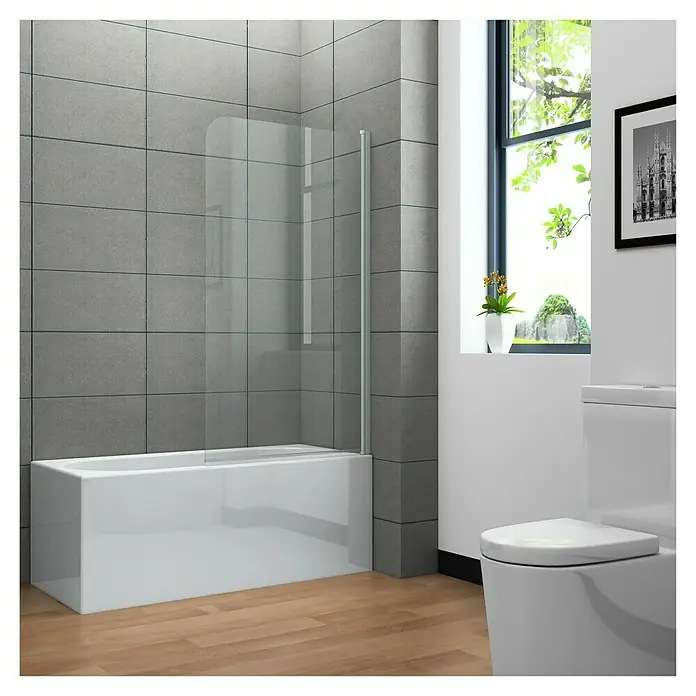 Badewannenaufsatz Clear - B x H: 75 x 130 cm, 1 Stk., Weiß - Ein Badezimmer mit einer Badewanne mit Duschabtrennung, einer Toilette und einem Fenster. Das Highlight ist die moderne Duschabtrennung.