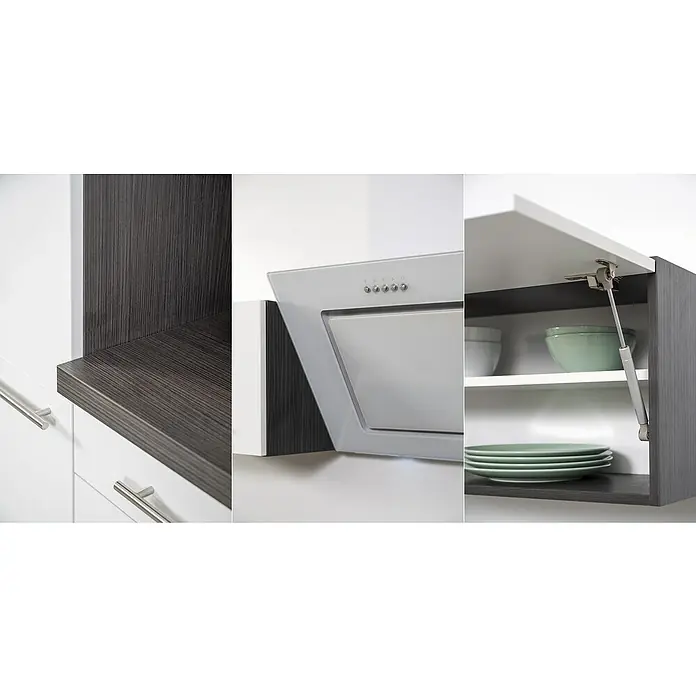 Respekta Premium Küchenzeile RP280HEWBO - Breite: 280 cm, Weiß, Mit Elektrogeräten - Detailansicht einer modernen Küche mit Dunstabzugshaube und offenem Schrank, die das elegante Design hervorhebt.