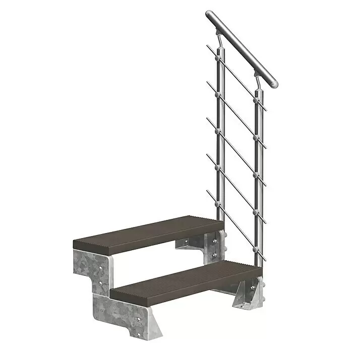 Dolle Außentreppe Gardentop - Trimaxstufen, Dunkelbraun, Mitlaufende Edelstahlstäbe, Breite: 80 cm, Anzahl Stufen: 2 Stk., Geschosshöhe: 36 cm - 44 cm - Zweistufige Außentreppe mit braunen, geriffelten Verbundstoffstufen und Metallrahmen, mit silbernem Metallgeländer.