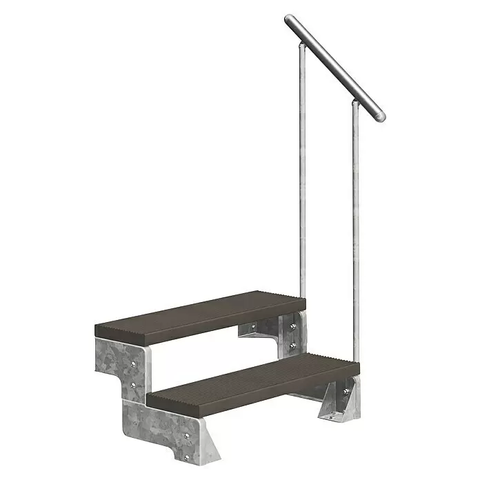 Dolle Außentreppe Gardentop - Trimaxstufen, Dunkelbraun, Feuerverzinkte Geländerstäbe, Breite: 100 cm, Anzahl Stufen: 2 Stk., Geschosshöhe: 36 cm - 44 cm - Zweistufige tragbare Leiter mit geriffelten braunen Trittflächen, grauem Metallrahmen und schräger silberner Handlauf.