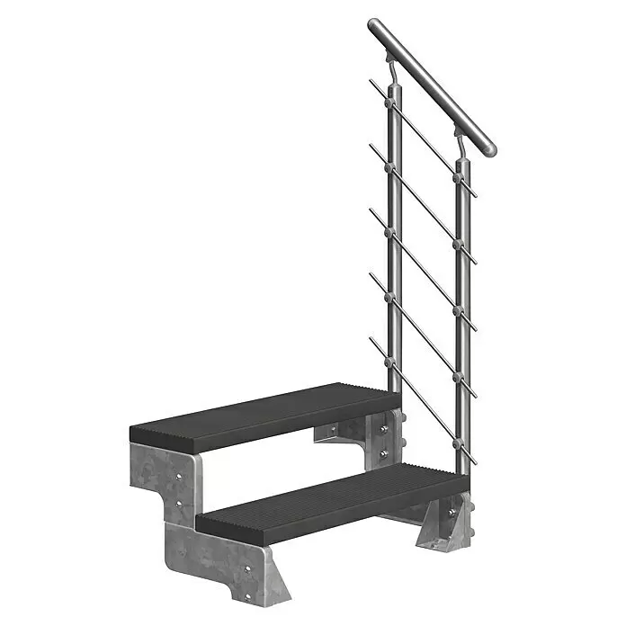 Dolle Außentreppe Gardentop - Trimaxstufen, Anthrazit, Mitlaufende Edelstahlstäbe, Breite: 100 cm, Anzahl Stufen: 2 Stk., Geschosshöhe: 36 cm - 44 cm - Zweistufige Metalltreppe mit schwarzen Antirutschstufen und Edelstahlgeländer mit diagonalen Streben.