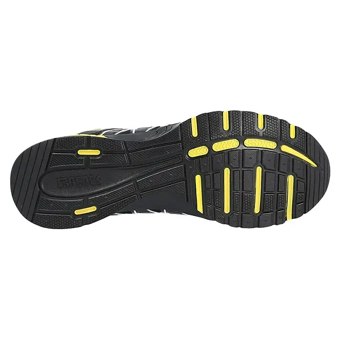 Paredes Zapato bajo de seguridad Jerez - 41, Clase de protección según EN ISO 20345: S3, Negro/Amarillo - La suela de una zapatilla de correr negra con detalles en amarillo, diseñada para agarre y durabilidad.