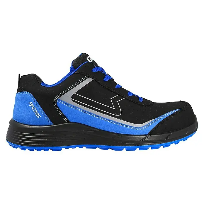 Paredes Zapato bajo de seguridad Hamilton - 36, Clase de protección según EN ISO 20345: S3, Azul/Negro - Aquí hay una zapatilla Racing azul y negra con un diseño deportivo y detalles robustos.
