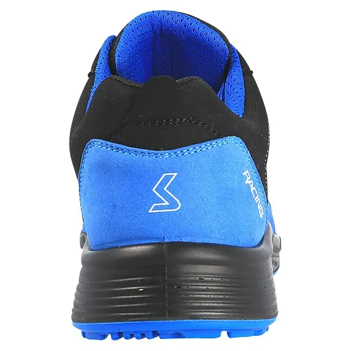 Paredes Zapato bajo de seguridad Hamilton - 36, Clase de protección según EN ISO 20345: S3, Azul/Negro - Una zapatilla de carreras azul con un logo "Racing" y un diseño abstracto y dinámico en el talón trasero.