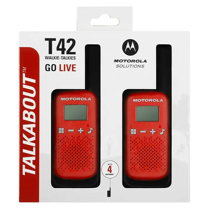 Motorola Solutions Walkie Talkie Talkabout T42 - Reichweite ca.: 4 km, Rot/Schwarz - Verpackung von Motorola Talkabout T42 Walkie-Talkies in Rot, ideal für die Kommunikation auf bis zu 4 km Entfernung.