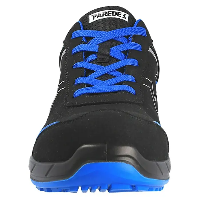 Paredes Zapato bajo de seguridad Hamilton - 36, Clase de protección según EN ISO 20345: S3, Azul/Negro - Primer plano de un zapato de seguridad Paredes negro, con cordones y suela azules.