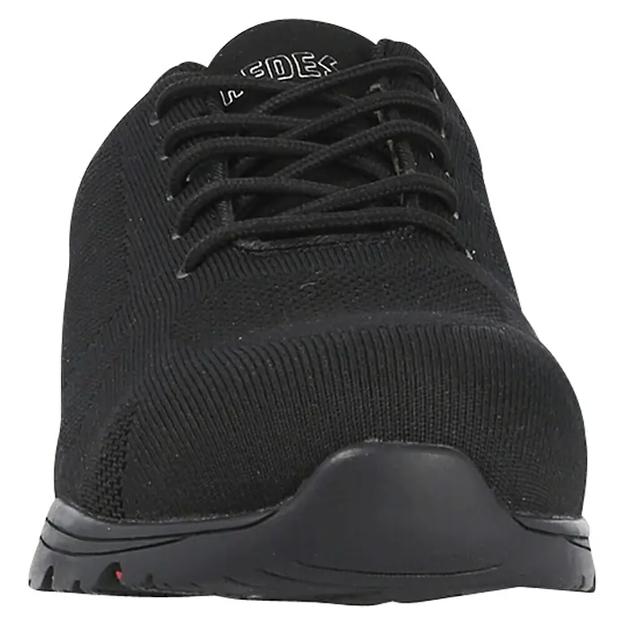 Paredes Zapato bajo de seguridad Cheste - 36, Clase de protección según EN ISO 20345: S1P, Negro/Blanco - Primer plano de una zapatilla negra con cordones y parte superior transpirable, que ofrece comodidad y estilo.