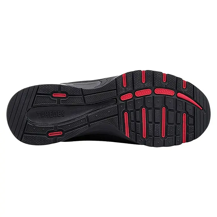 Paredes Zapato bajo de seguridad Cheste - 36, Clase de protección según EN ISO 20345: S1P, Negro/Blanco - Vista detallada de la suela del zapato JTraec en negro con detalles rojos, que realzan el diseño. Tracción óptima para un agarre seguro.