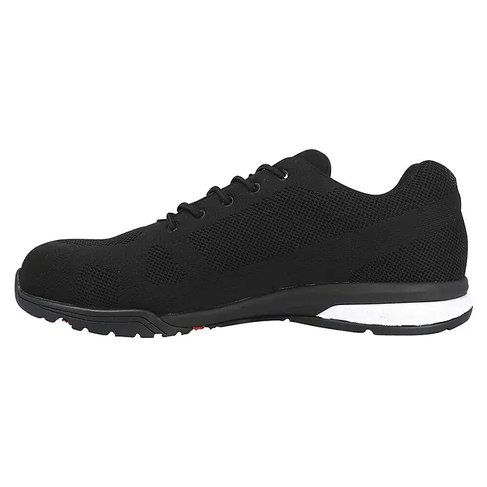 Paredes Zapato bajo de seguridad Cheste - 36, Clase de protección según EN ISO 20345: S1P, Negro/Blanco - Zapatilla de entrenamiento negra con cordones y parte superior de malla. La zapatilla tiene una suela negra con detalles blancos en el talón.