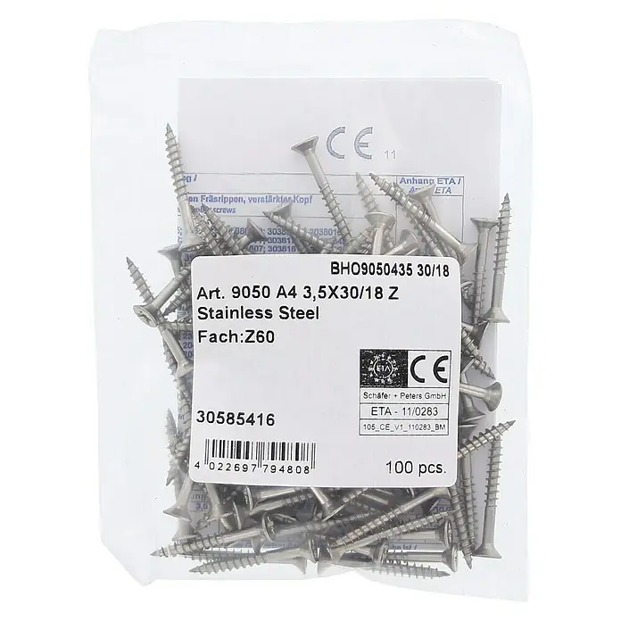 Marinetech Spanplattenschraube - Ø x L: 3,5 x 30 mm, Edelstahl, 100 Stk. - Packung Edelstahlschrauben A4 3,5X30/18 Z, Art. 9050, von Schäfer + Peters GmbH, ideal für vielfältige Anwendungen.