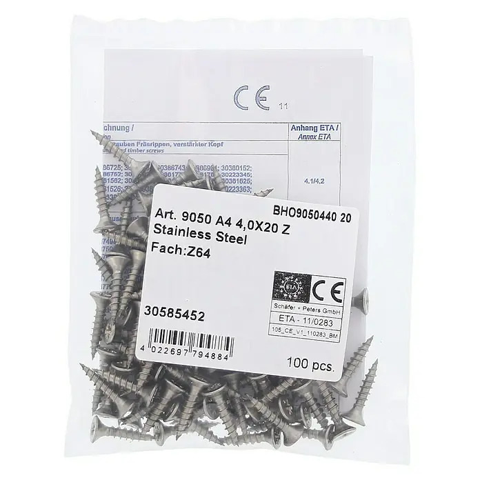 Marinetech Spanplattenschraube - Ø x L: 4 x 20 mm, Edelstahl, 100 Stk. - Eine durchsichtige Packung A4 4,0X20 Z Edelstahlschrauben von Schäfer-Peters, ideal für verschiedene Anwendungen.
