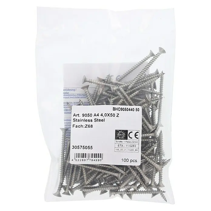 Marinetech Spanplattenschraube - Ø x L: 4 x 50 mm, Edelstahl, 100 Stk. - Eine Packung mit 100 A4 4,0X50 Z Edelstahl Holzbauschrauben von Schäfer + Peters GmbH, ideal für robuste Holzkonstruktionen.