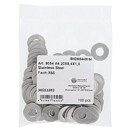Marinetech Karosseriescheibe (Innendurchmesser: 8,4 mm, Außendurchmesser: 20 mm, Edelstahl, A4, 100 Stk.)