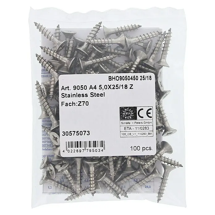 Marinetech Spanplattenschraube - Ø x L: 5 x 25 mm, Edelstahl, 100 Stk. - Eine durchsichtige Plastiktüte mit 100 Stück A4 5,0X25/18 Z Edelstahlschrauben, ideal für diverse Befestigungsarbeiten.