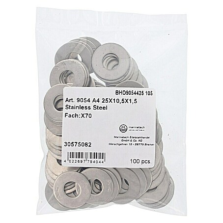 Marinetech Karosseriescheibe (Innendurchmesser: 10,5 mm, Außendurchmesser: 25 mm, Edelstahl, A4, 100 Stk.)