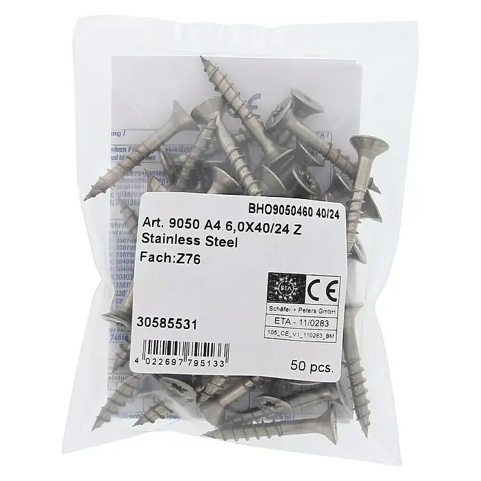 Marinetech Spanplattenschraube - Ø x L: 6 x 40 mm, Edelstahl, 50 Stk. - Eine transparente Tüte mit Edelstahlschrauben, Artikelnummer 9050 A4 6,0X40/24 Z, ideal für diverse Befestigungsanwendungen.