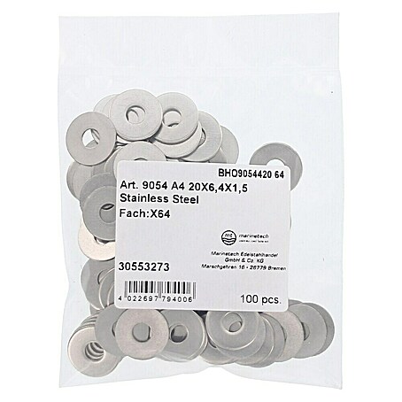 Marinetech Karosseriescheibe (Innendurchmesser: 6,4 mm, Außendurchmesser: 20 mm, Edelstahl, A4, 100 Stk.)