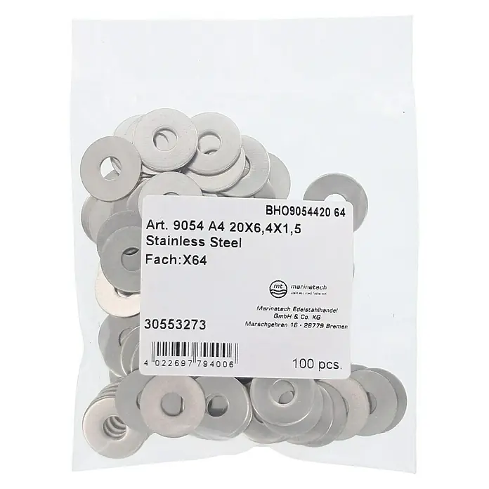 Marinetech Karosseriescheibe - Innendurchmesser: 6,4 mm, Außendurchmesser: 20 mm, Edelstahl, A4, 100 Stk. - Eine Packung mit 100 Edelstahl-Unterlegscheiben, Größe A4 20X6,4X1,5, ideal für den Einsatz in maritimen und industriellen Anwendungen.