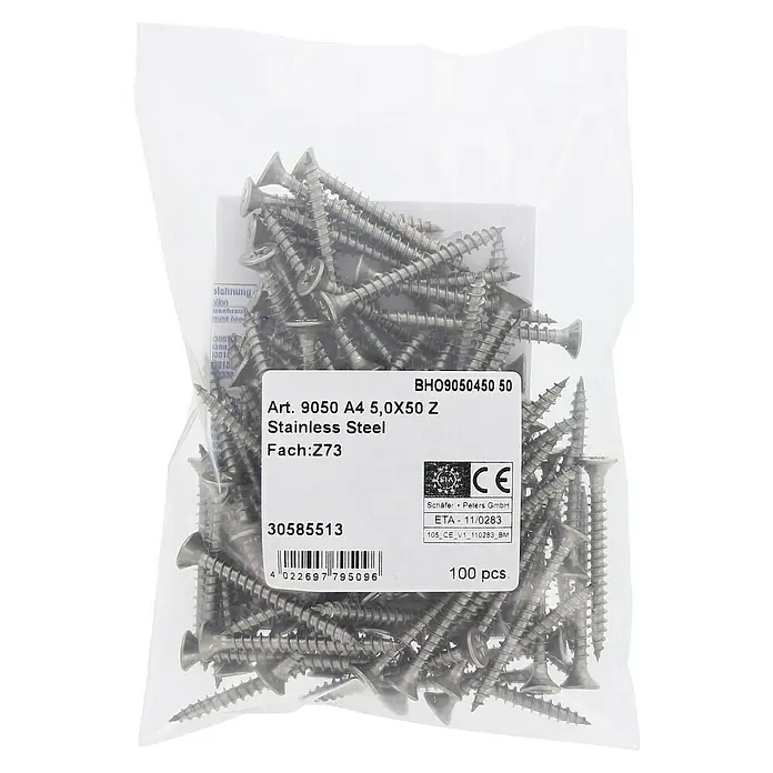 Marinetech Spanplattenschraube - Ø x L: 5 x 50 mm, Edelstahl, 100 Stk. - Packung mit 100 rostfreien Stahlschrauben, Größe 5,0x50 mm, ideal für diverse Befestigungsarbeiten im Innen- und Außenbereich.