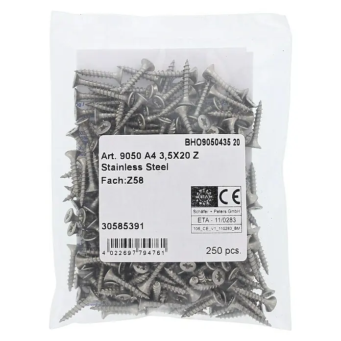 Marinetech Spanplattenschraube - Ø x L: 3,5 x 20 mm, Edelstahl, 250 Stk. - Eine Packung mit 250 rostfreien Edelstahlschrauben A4 3,5X20 Z, ideal für vielfältige Anwendungen im Innen- und Außenbereich.