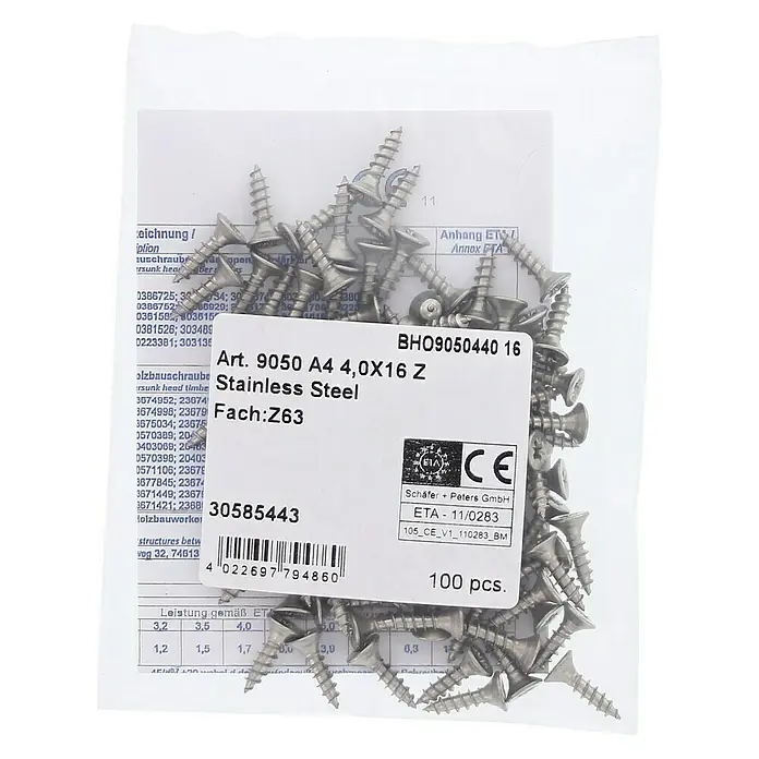 Marinetech Spanplattenschraube - Ø x L: 4 x 16 mm, Edelstahl, 100 Stk. - Nahaufnahme einer Packung Edelstahlschrauben A4 4,0X16 Z, ideal für Holzkonstruktionen. Hohe Qualität, 100 Stück für zuverlässige Verbindungen.