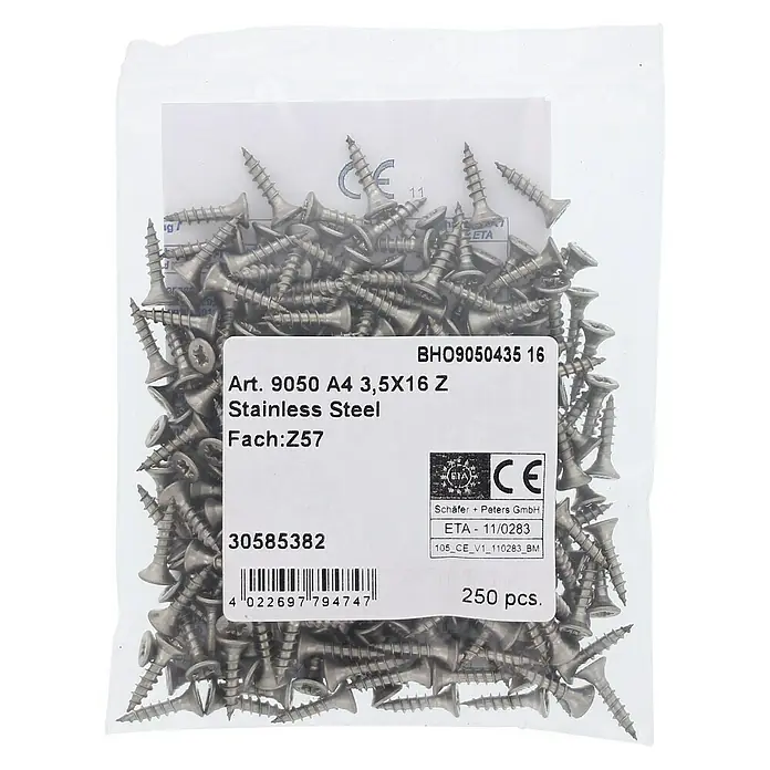 Marinetech Spanplattenschraube - Ø x L: 3,5 x 16 mm, Edelstahl, 250 Stk. - Eine durchsichtige Plastiktüte mit 250 rostfreien A4 3,5x16 Z Schrauben der Marke Schäfer + Peters GmbH.