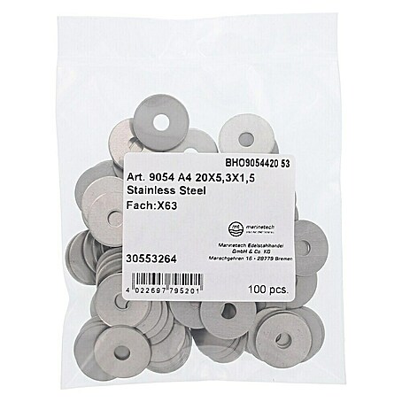 Marinetech Karosseriescheibe (Innendurchmesser: 5,3 mm, Außendurchmesser: 20 mm, Edelstahl, A4, 100 Stk.)
