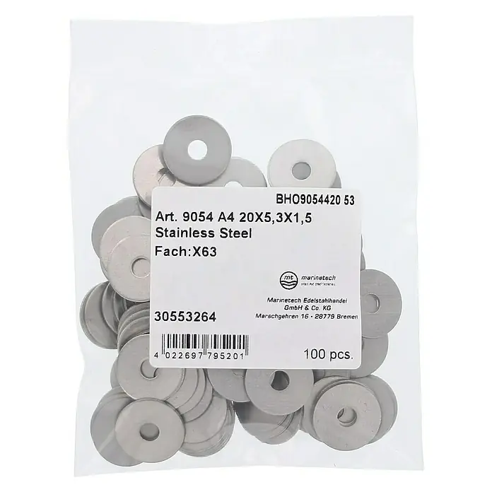 Marinetech Karosseriescheibe - Innendurchmesser: 5,3 mm, Außendurchmesser: 20 mm, Edelstahl, A4, 100 Stk. - Eine Tüte mit 100 Unterlegscheiben aus Edelstahl, Größe A4 20X5,3X1,5, verpackt von Marinetech Edelstahlhandel.