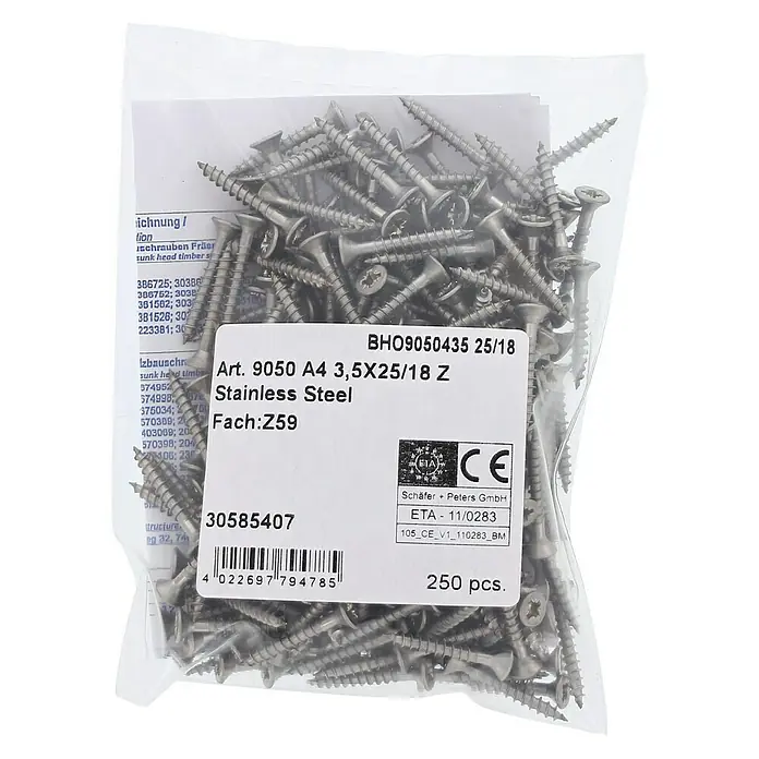 Marinetech Spanplattenschraube - Ø x L: 3,5 x 25 mm, Edelstahl, 250 Stk. - Eine Packung Edelstahlschrauben (250 Stück), Größe 3,5X25/18 Z, ideal für Holzkonstruktionen und Heimwerkerprojekte.
