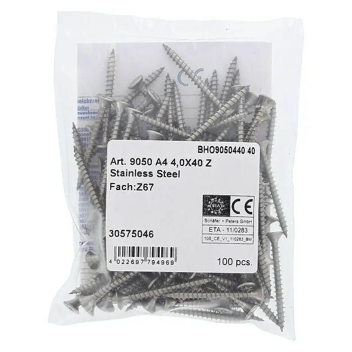 Marinetech Spanplattenschraube - Ø x L: 4 x 40 mm, Edelstahl, 100 Stk. - Verpackung mit Edelstahlschrauben, Art. 9050 A4 4,0X40 Z, ideal für Befestigungen im Innen- und Außenbereich.