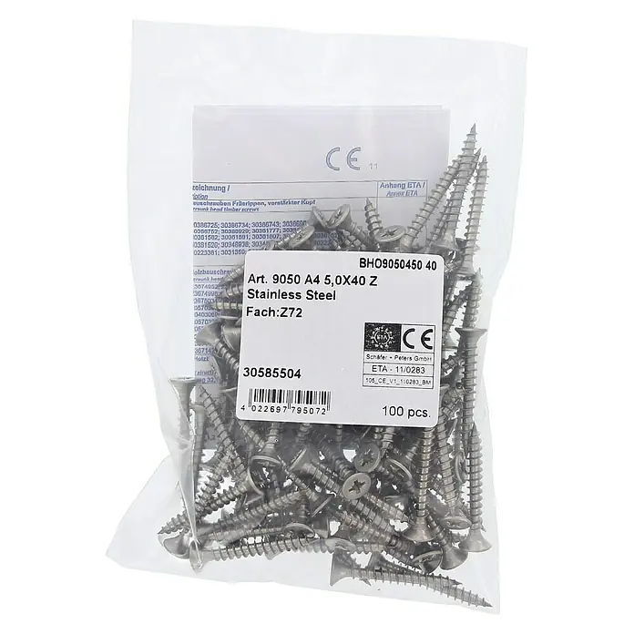 Marinetech Spanplattenschraube - Ø x L: 5 x 40 mm, Edelstahl, 100 Stk. - Eine Packung mit 100 rostfreien Edelstahlschrauben (Artikel 9050 A4 5,0X40 Z) der Marke Schäfer + Peters GmbH.