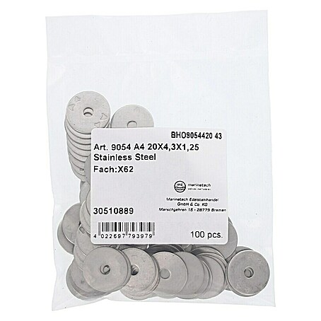 Marinetech Karosseriescheibe (Innendurchmesser: 4,3 mm, Außendurchmesser: 20 mm, Edelstahl, A4, 100 Stk.)