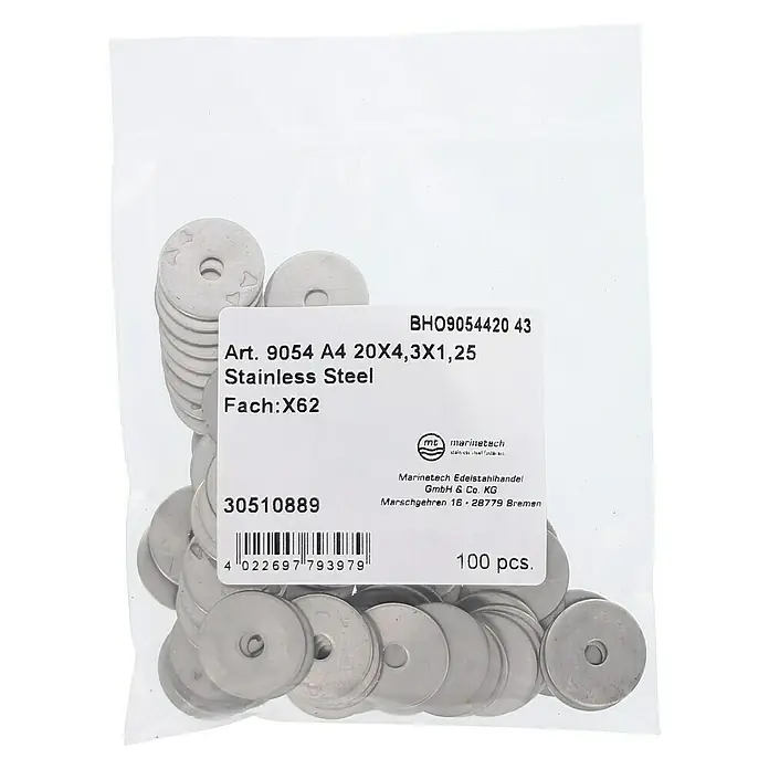 Marinetech Karosseriescheibe - Innendurchmesser: 4,3 mm, Außendurchmesser: 20 mm, Edelstahl, A4, 100 Stk. - Eine durchsichtige Tüte mit Art. 9054 A4 20X4,3X1,25 Unterlegscheiben aus Edelstahl, verpackt zu 100 Stück von Marinetech.