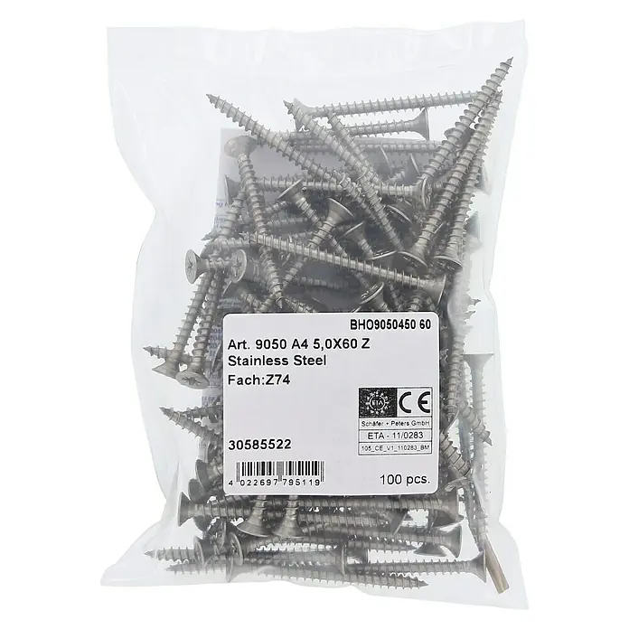 Marinetech Spanplattenschraube - Ø x L: 5 x 60 mm, Edelstahl, 100 Stk. - Eine durchsichtige Plastiktüte gefüllt mit A4 Edelstahl Holzbauschrauben 5,0x60 Z, 100 Stück für Bauprojekte und Heimwerker.