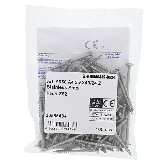 Marinetech Spanplattenschraube - Ø x L: 3,5 x 40 mm, Edelstahl, 100 Stk. - Eine Packung mit 100 rostfreien Schäfer+Peters GmbH Holzschrauben A4, 3,5X40/24 Z, ideal für diverse Holzbauprojekte.